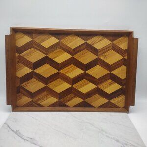MCM Vtg Mixed Wood Rectangular Serving Tray w Handles 19” x 12” Marquetry Style